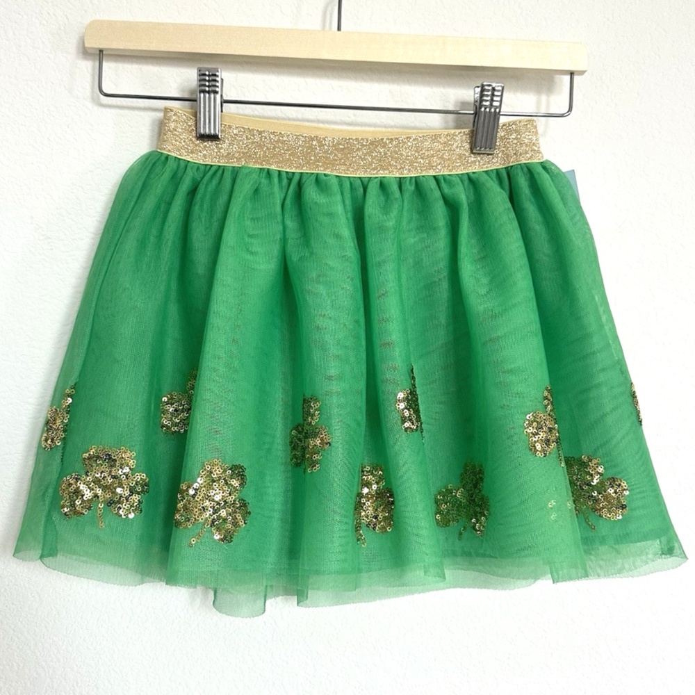 St Patrick Day Crinoline Tutu Skirt Sparkly Gold Sequin Shamrock Girls Small 6/7